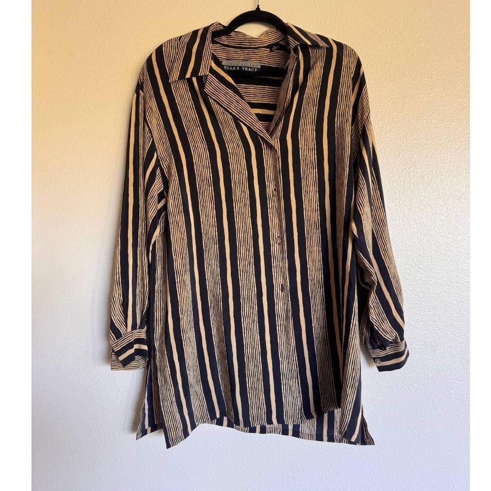 Linda Allard Ellen Tracy Silk Blouse Tan Stripe Tunic Quiet Luxury Vintage